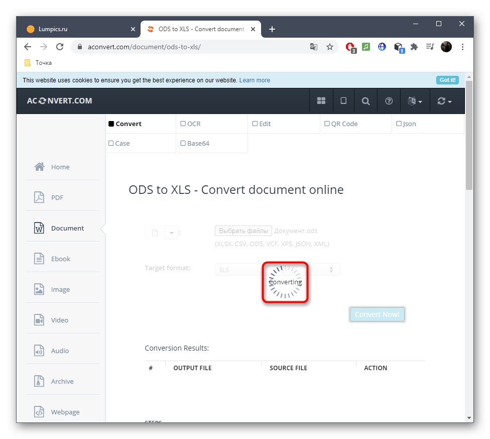 Proces konverzie ODS na XLS prostredníctvom online služby Aconvert