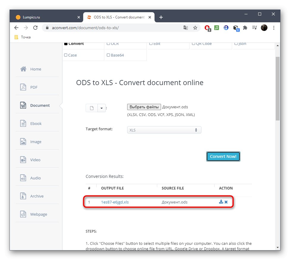 Úspešná konverzia súboru ODS na XLS prostredníctvom online služby Aconvert