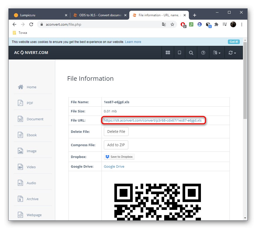 Stiahnutie súboru po prevode ODS na XLS prostredníctvom služby online Aconvert