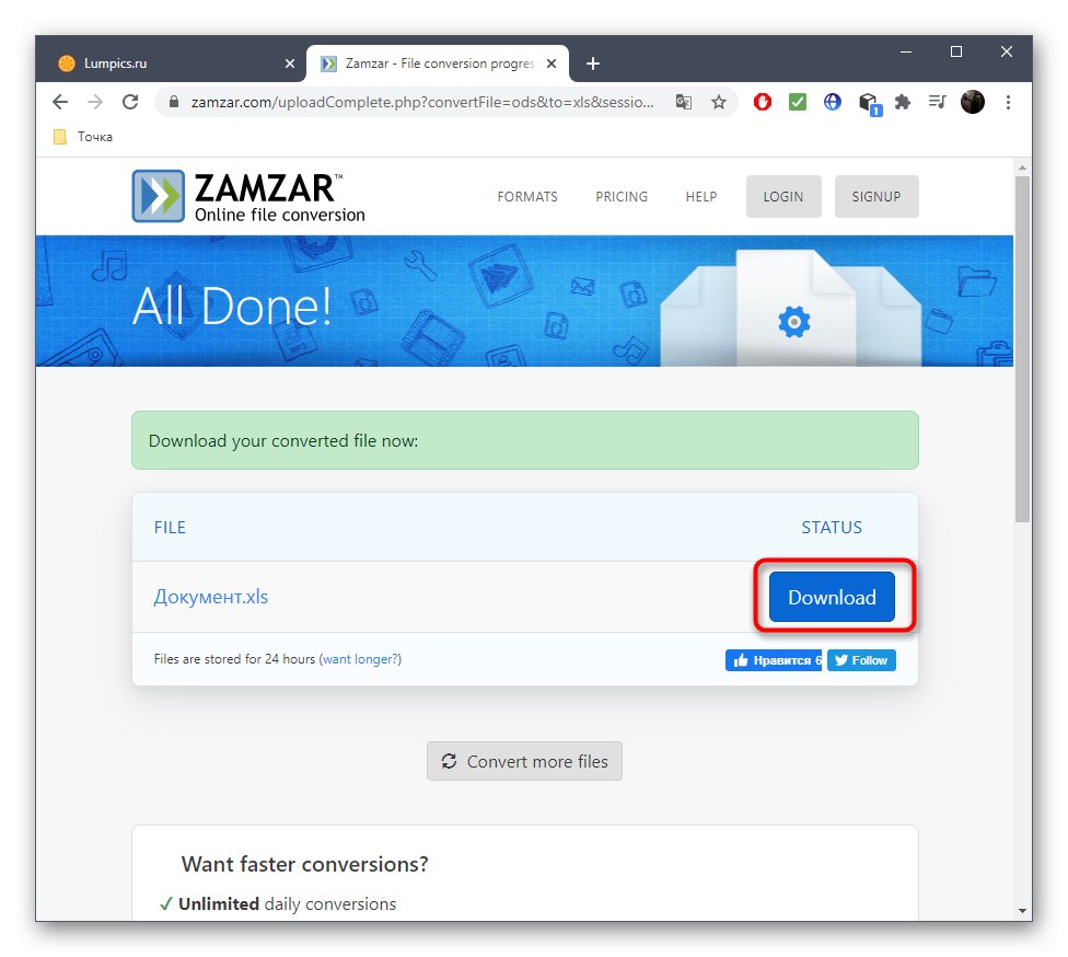 Tlačidlo na spustenie sťahovania súboru po prevedení ODS na XLS prostredníctvom online služby Zamzar