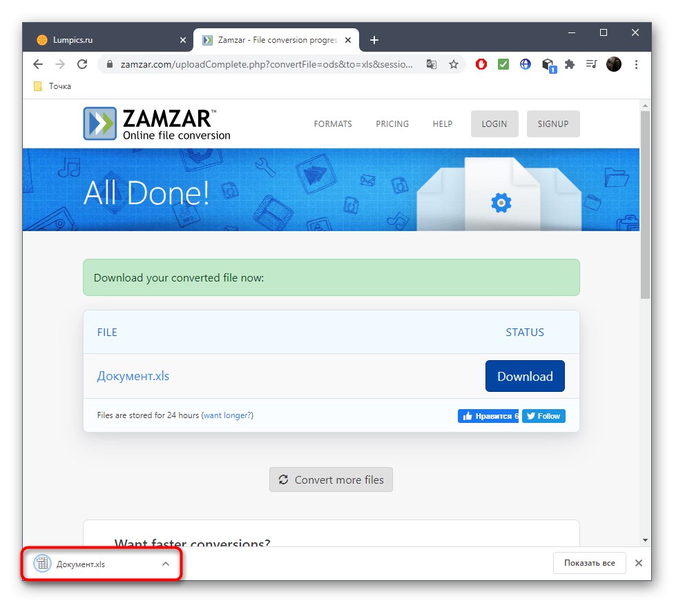 Úspešné stiahnutie súboru po prevode ODS na XLS prostredníctvom online služby Zamzar