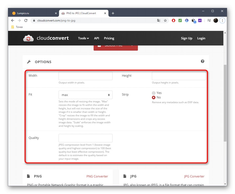 Допълнителни настройки преди конвертиране на JPG чрез онлайн услуга CloudConvert