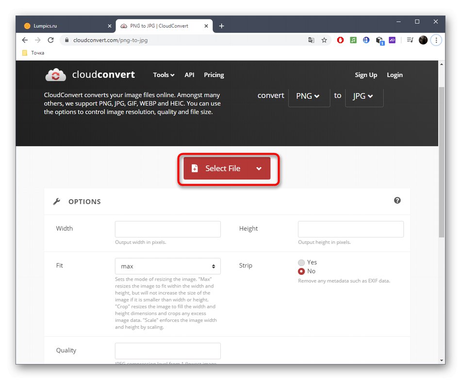 Отидете до избора на файл за конвертиране на JPG чрез онлайн услугата CloudConvert