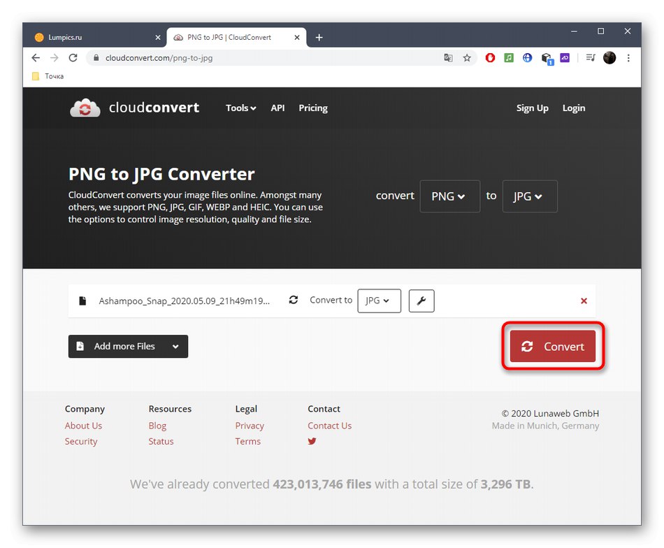 Стартиране на конвертиране на файл в JPG чрез онлайн услугата CloudConvert