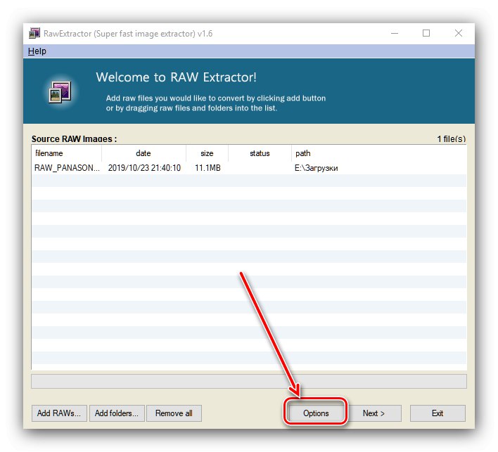 Spustite Možnosti extraktora RAW na prevod RAW na JPG
