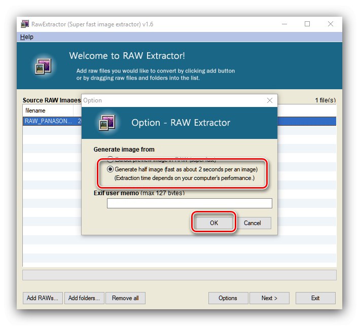 Nastavte Typ generovania obrazu na RAW Exctractor pre prevod RAW na JPG