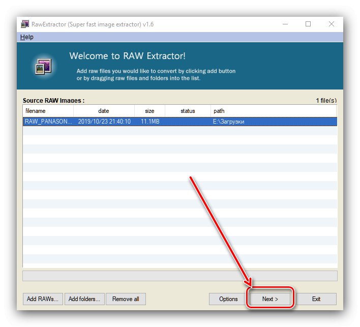 Spustite procedúru v programe RAW Exctractor na prevod RAW na JPG