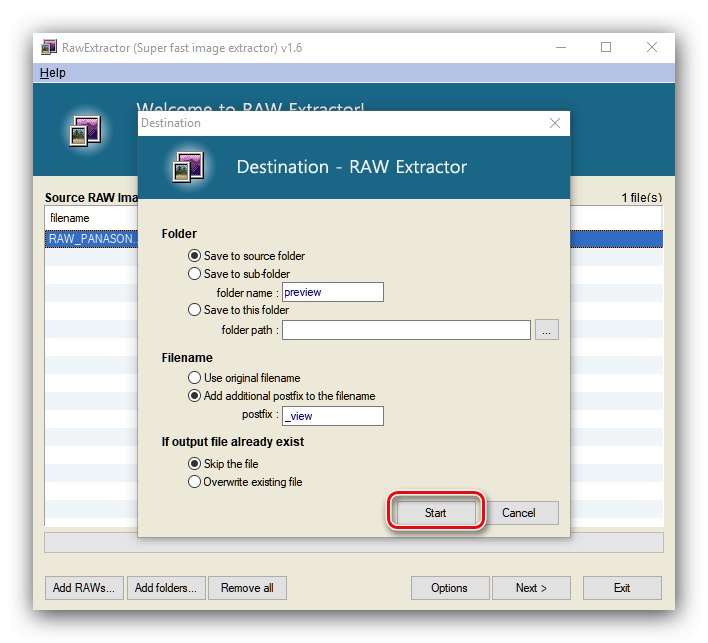 Možnosti Previesť na RAW Exctractor na prevod RAW na JPG