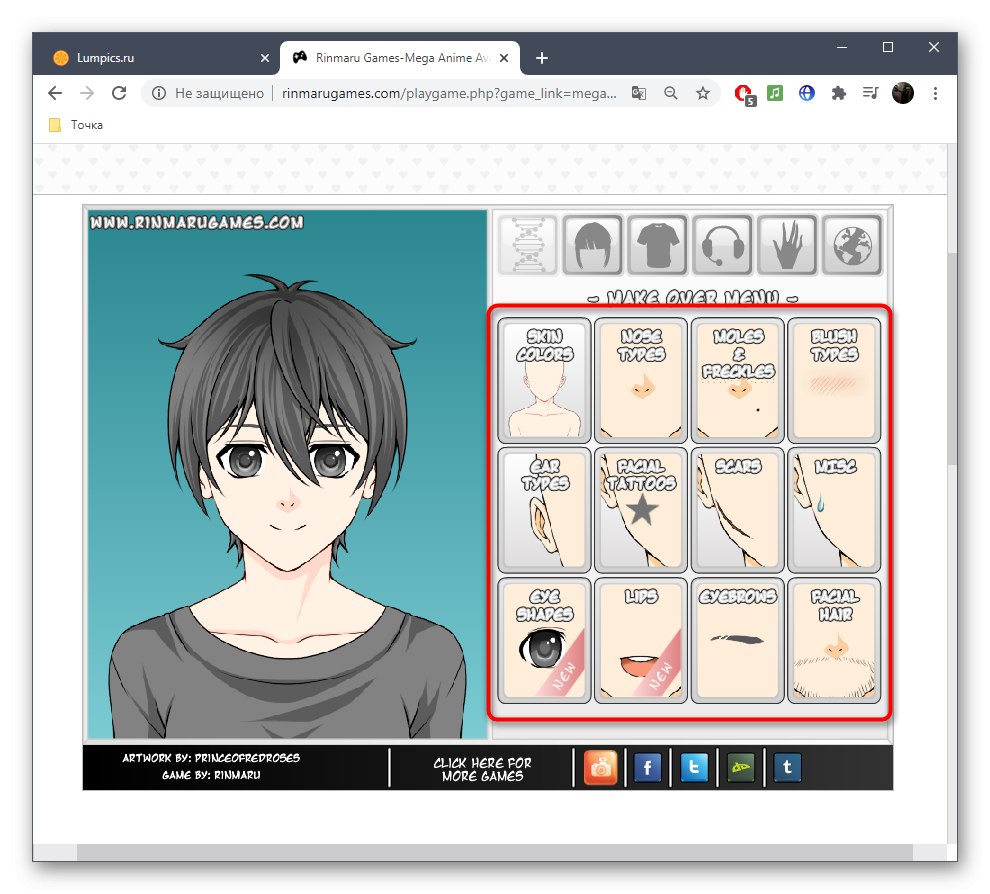 Izbira osnovnih potez obraza za anime lik v spletni storitvi Rinmaru