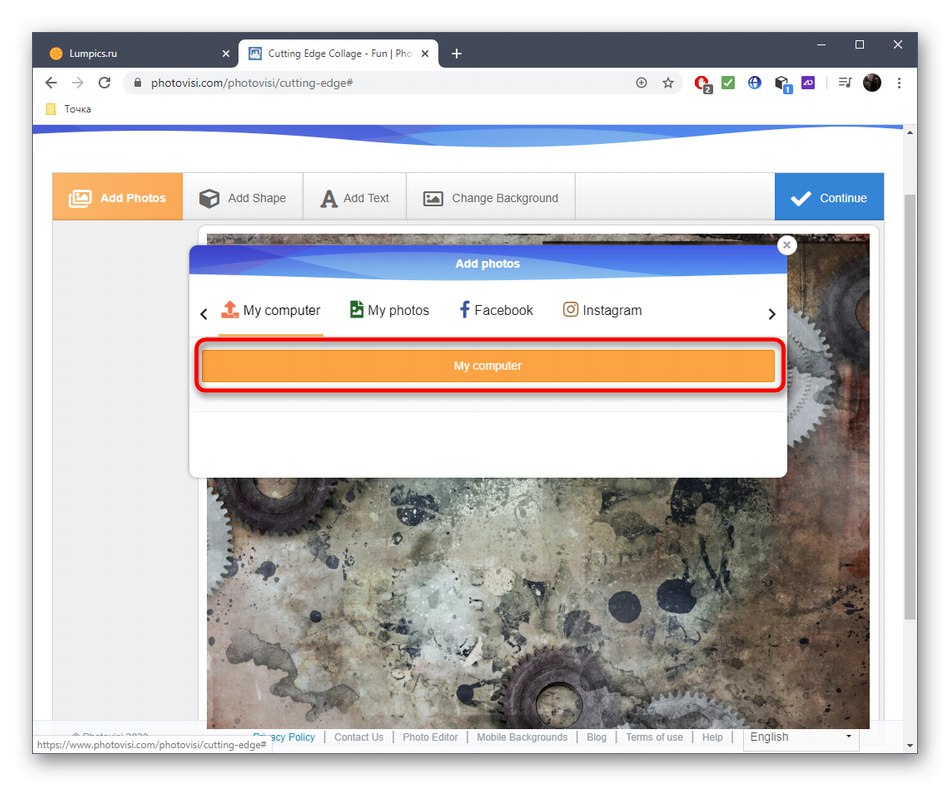Wybór metody dodawania zdjęcia do kolażu za pośrednictwem usługi online PhotoVisi