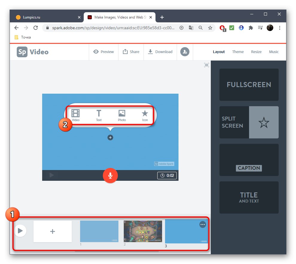 Pri ustvarjanju posnetka s programom Adobe Spark prekrijte dodatne materiale
