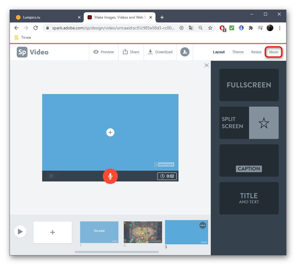 Poiščite glasbo za posnetek prek spletne storitve Adobe Spark