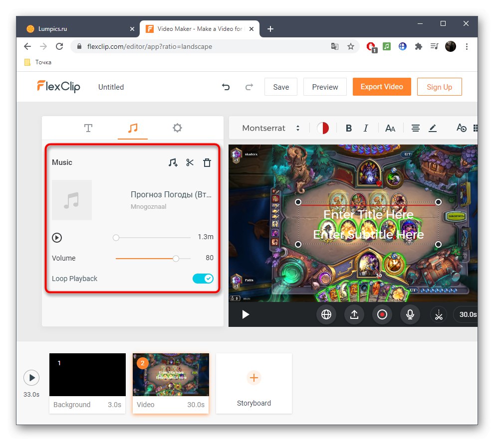 Nastavitev glasbe za posnetek prek spletne storitve FlexClip