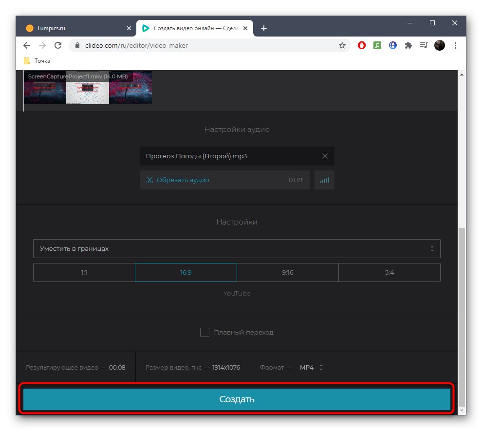 Preklop na shranjevanje videoposnetka po njegovem ustvarjanju prek spletne storitve Clideo