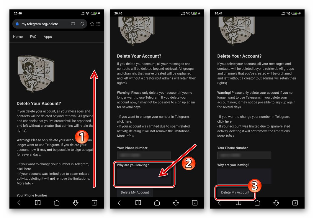 Telegram за Android въведете причината за изтриване на акаунта на страницата за деактивиране, отидете на унищожаването на акаунта