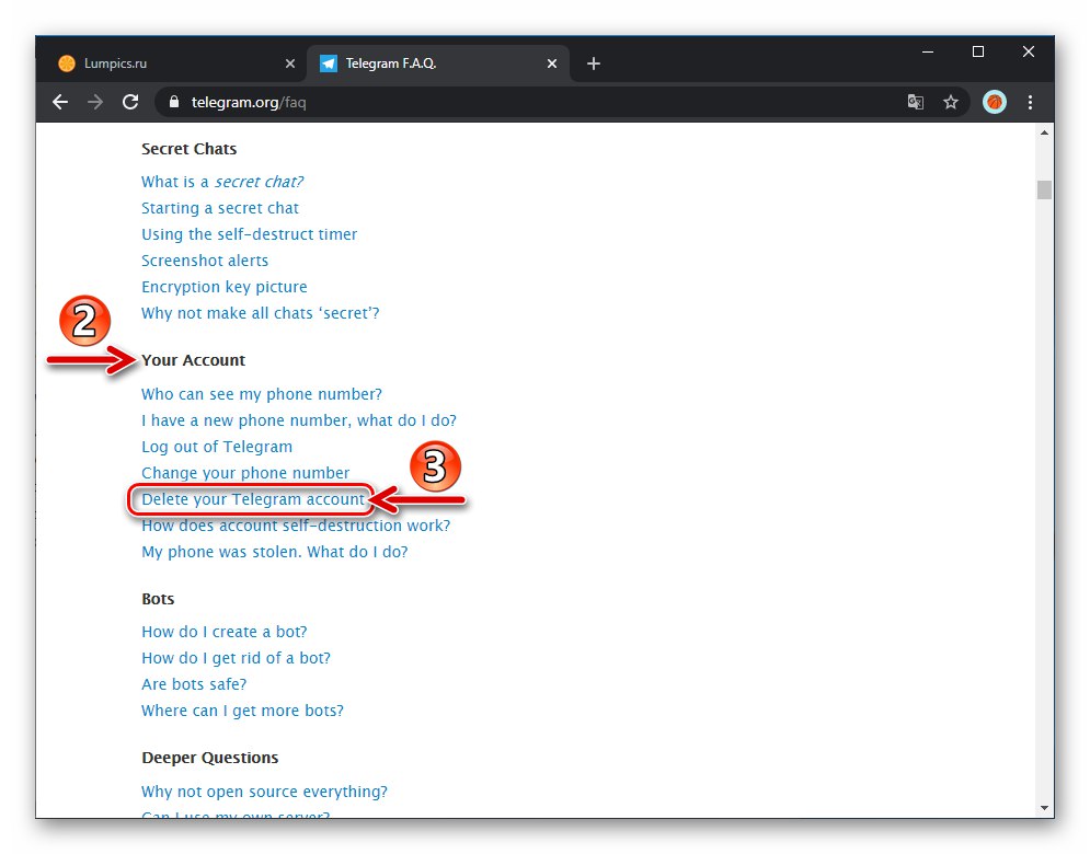 Елемент в Telegram Изтрийте своя акаунт в Telegram на уеб страницата с често задавани въпроси на месинджъра в раздела „Вашата сметка“