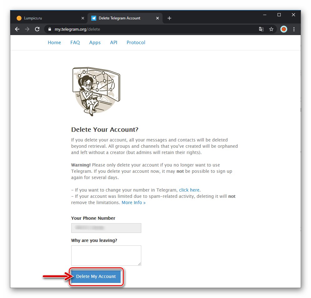 Telegram за Windows бутонът „Изтриване на моя акаунт“ на уебсайта на пратеника - потвърждение за деактивиране на акаунта