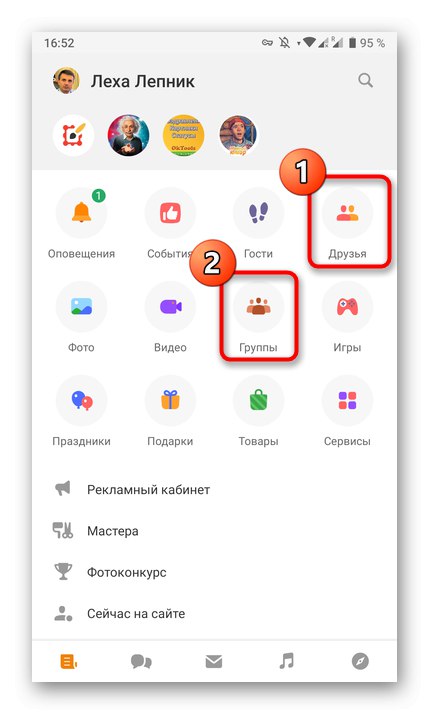 Otvorenie zoznamu priateľov alebo osobných skupín prostredníctvom mobilnej aplikácie Odnoklassniki