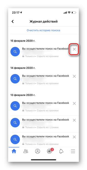 Izbira elementov za brisanje zgodovine na Facebook mobilnem telefonu