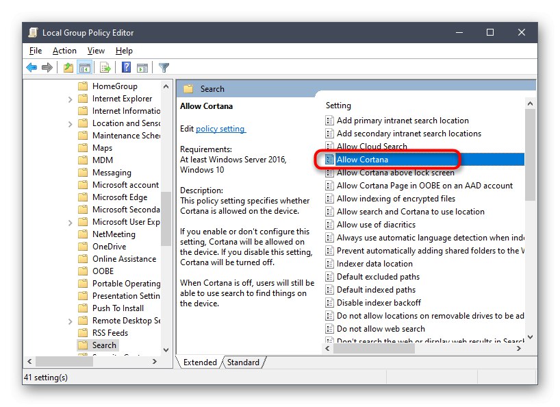 Wybranie opcji Cortana w systemie Windows 10 za pośrednictwem lokalnego edytora zasad grupy