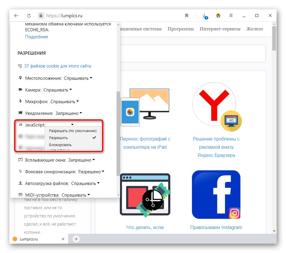 تعطيل JavaScript على موقع معين في متصفح Yandex من خلال أذونات الموقع