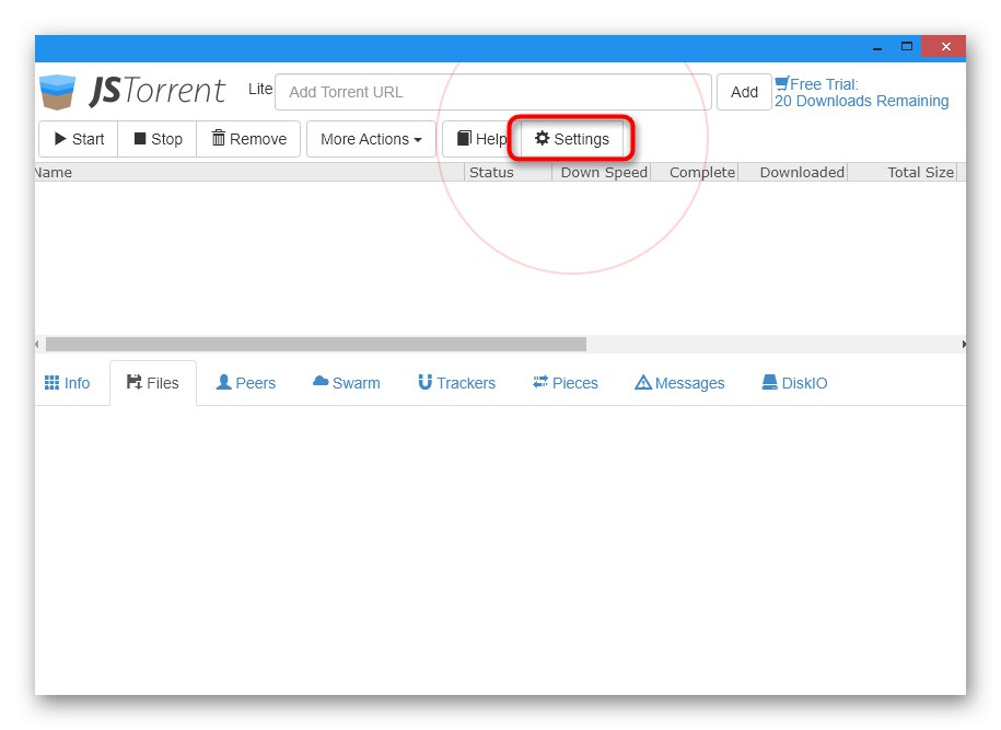 Перехід в налаштування програми JSTorrent Lite для скачування торрент-файлу без торрента