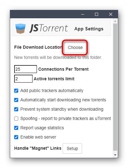 Перехід до місця завантажених файлів при настроювати програму JSTorrent Lite