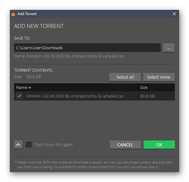 Початок скачування торрент-файлу без торрента через браузер Torch