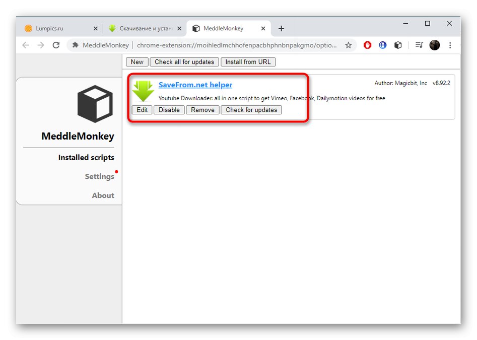 Úspěšná instalace pluginu Savefrom.net pro stahování videí z Vimeo