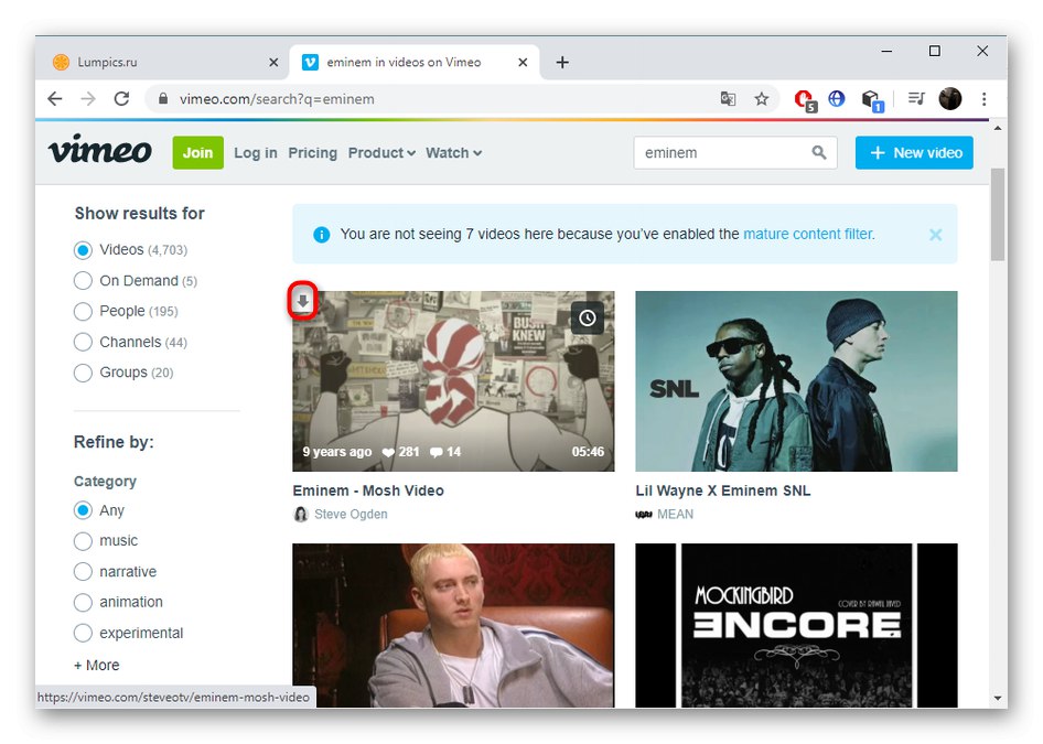 Tlačítko pro stažení videa přes Savefrom.net pro stažení videa z Vimeo na stránce vyhledávání