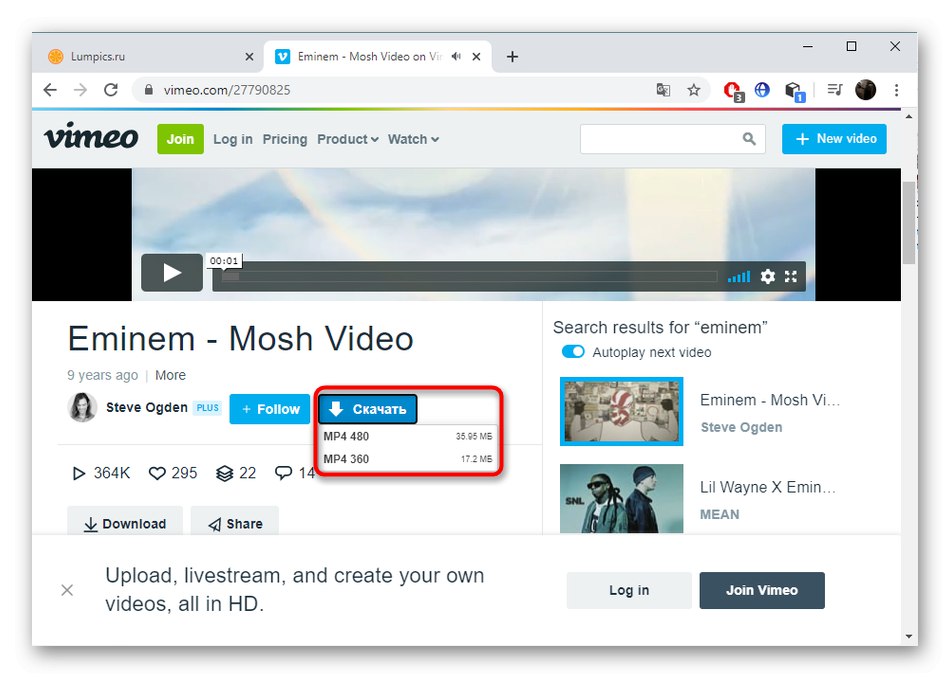 Tlačítko pro stahování videa přes Savefrom.net pro stahování videa z Vimeo při sledování