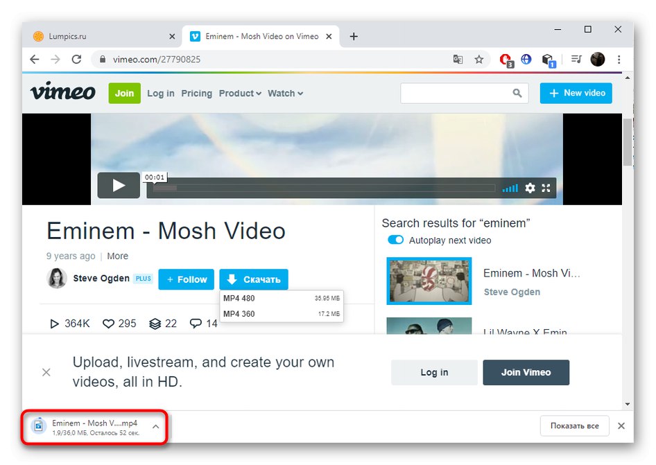 Úspěšné stažení videa přes Savefrom.net s Vimeo