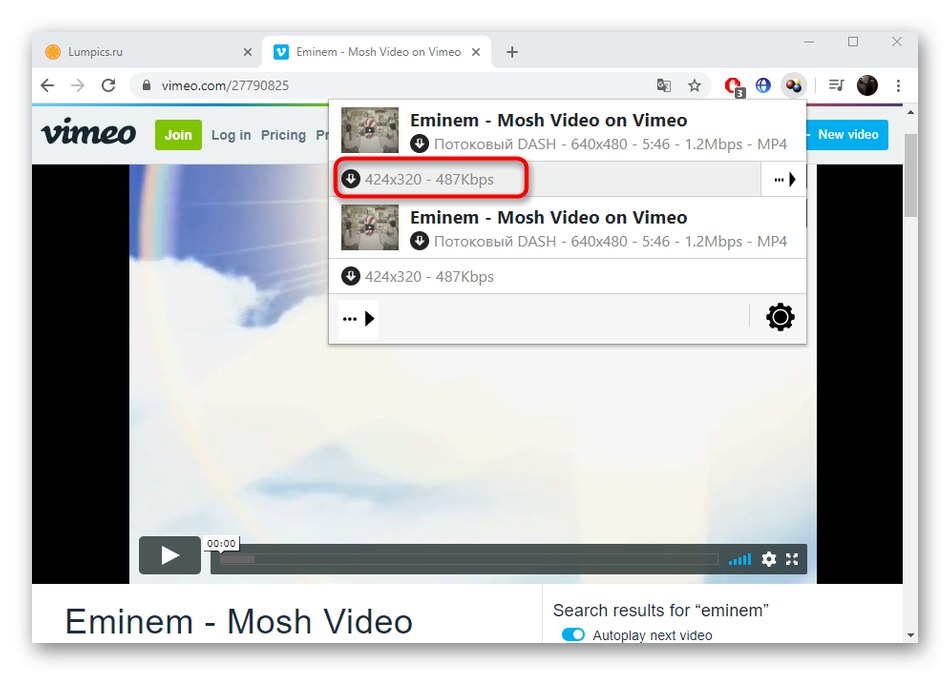 Výběr formátu videa pomocí nástroje Video DownloadHelper ke stažení videí z Vimeo