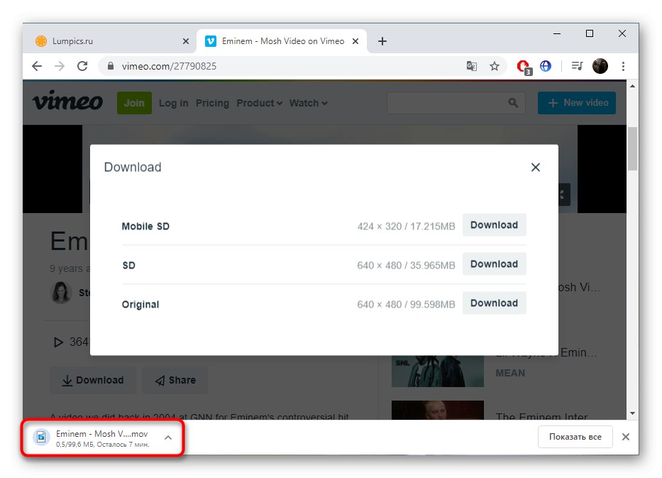 Úspěšné stažení videa z Vimeo s vestavěnou funkcí