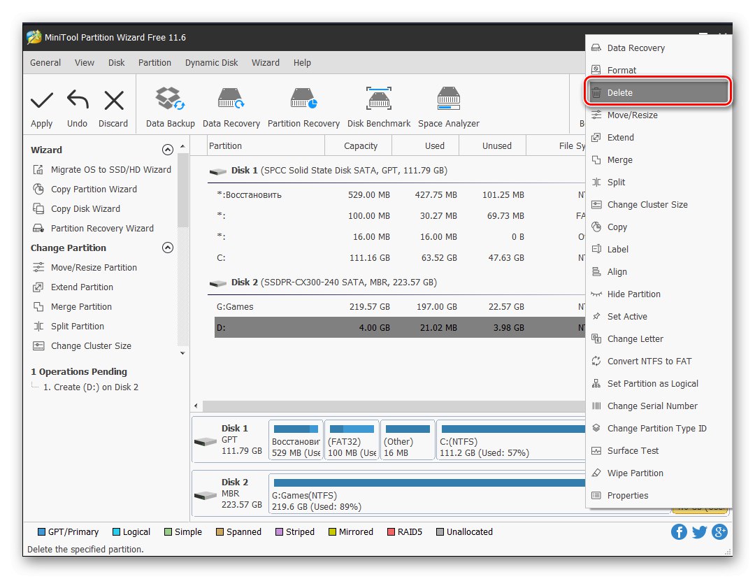 Odstranjevanje ene particije za razširitev druge v MiniTool Partition Wizard v sistemu Windows 10