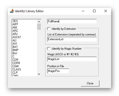 Преглед на библиотека с файлови формати в програма за идентифициране в Windows 10