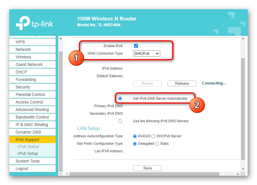 Конфигуриране на протокола в уеб интерфейса за решаване на проблема с IPv6 без мрежов достъп в Windows 10