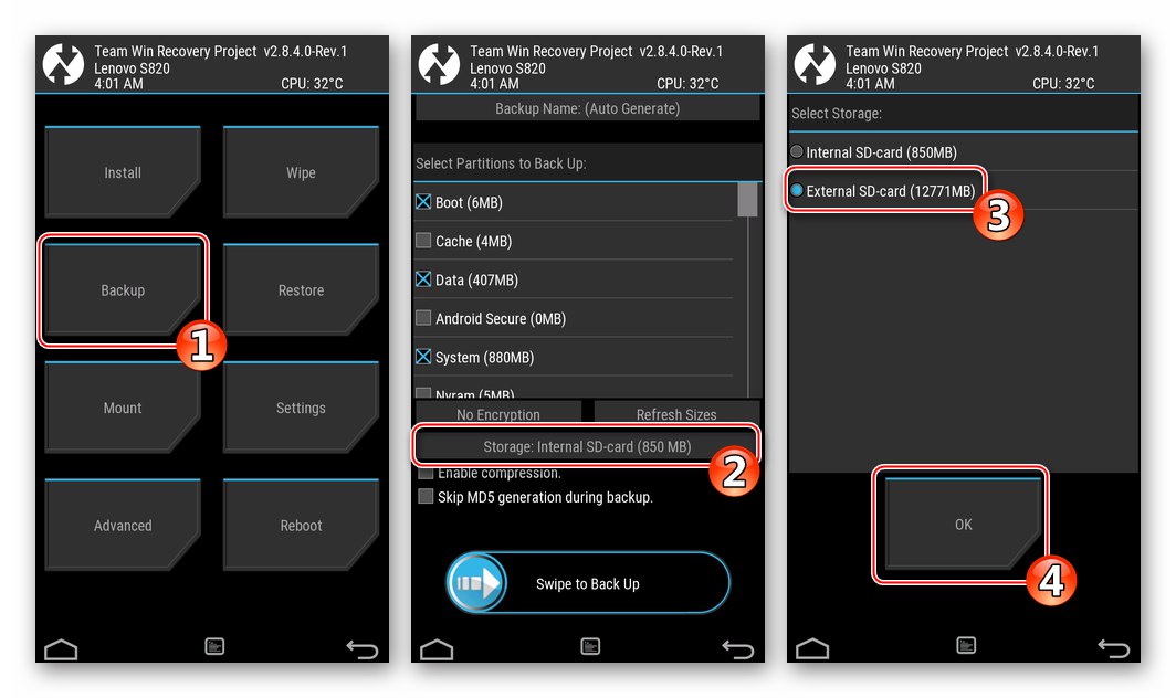 Lenovo S820 TWRP създава резервно копие на Nandroid, избирайки място за съхранение