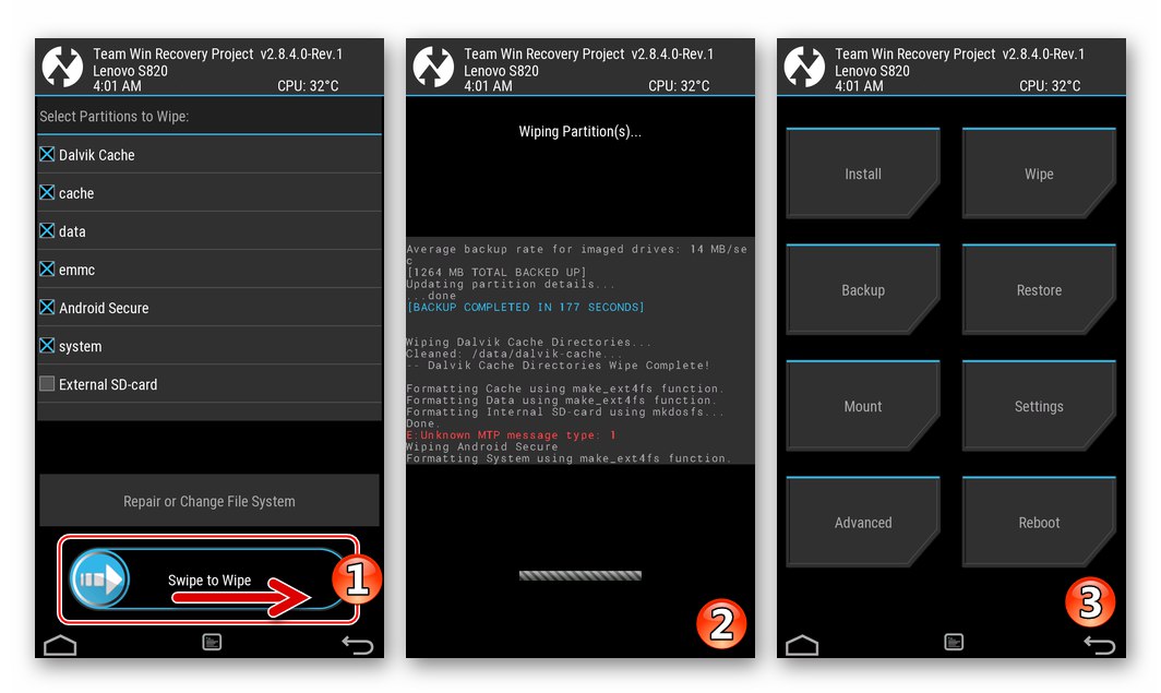 Lenovo S820 TWRP процес на форматиране на всички дялове с изключение на външна SD-карта