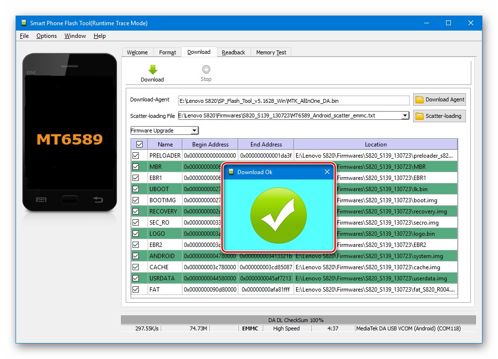 Завършено надстройване на фърмуера на Lenovo S820 SP Flash Tool