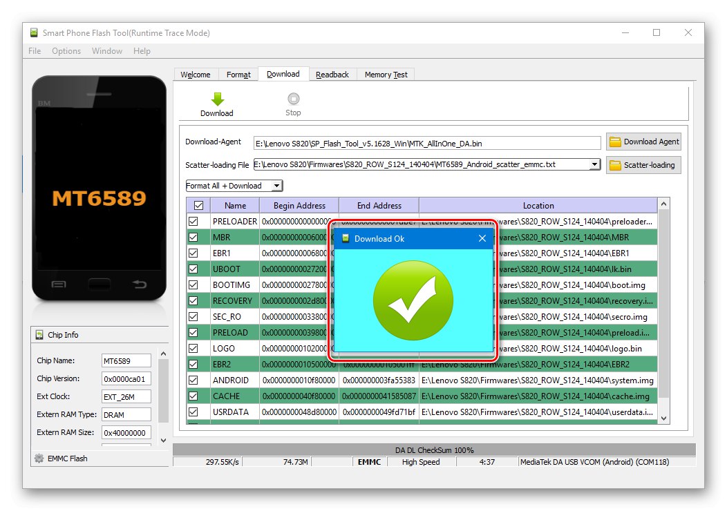 Lenovo S820 SP Flash Tool възстановяване на тестовата точка завърши