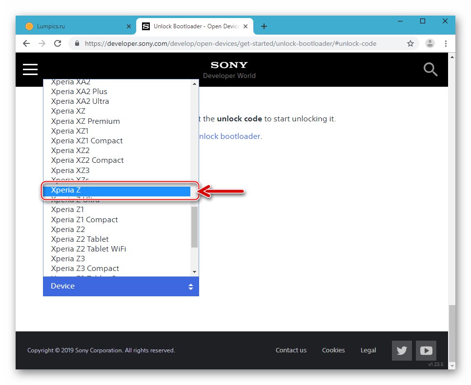 Odabir modela Sony Xperia Z za otključavanje pokretača na web mjestu Sony Mobile