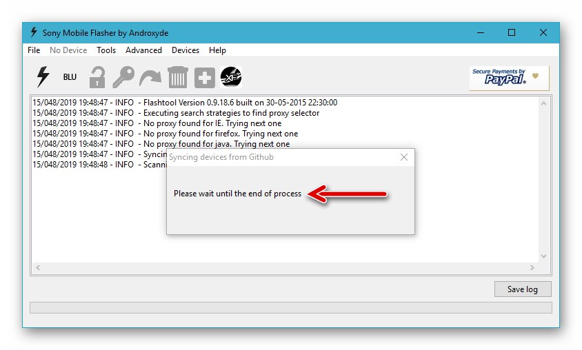 Alat za pokretanje Sony Xperia Z Flashtool - inicijalizacija - Pričekajte do kraja prozora procesa