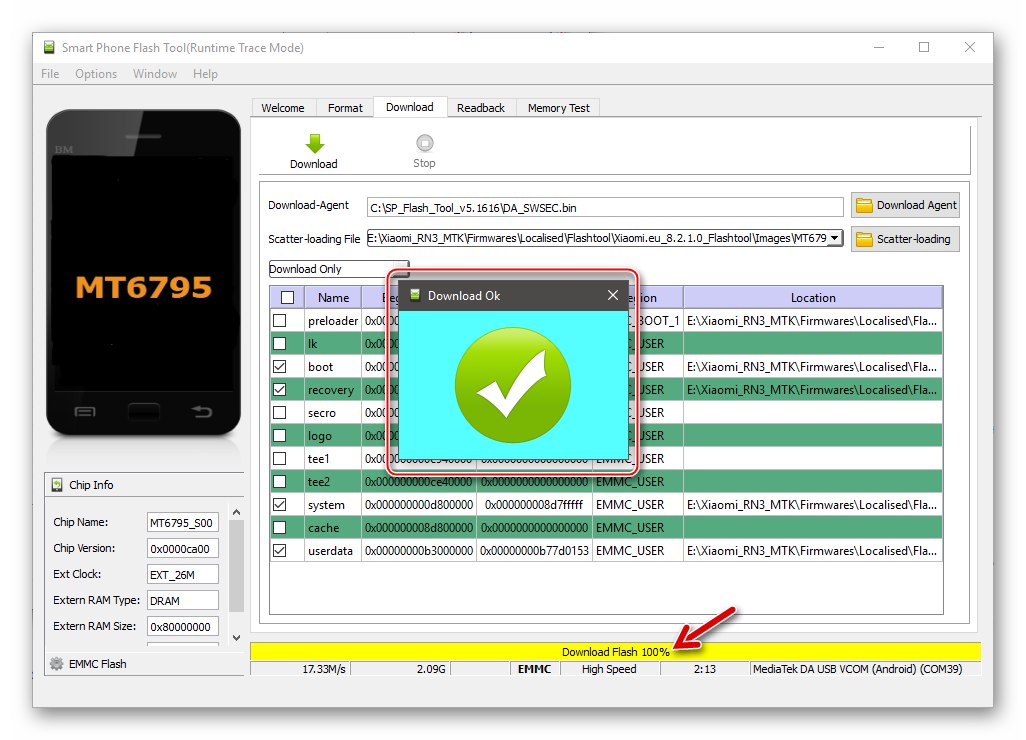 Xiaomi Redmi Note 3 MTK инсталирането на преведения фърмуер чрез Flash Tool завърши