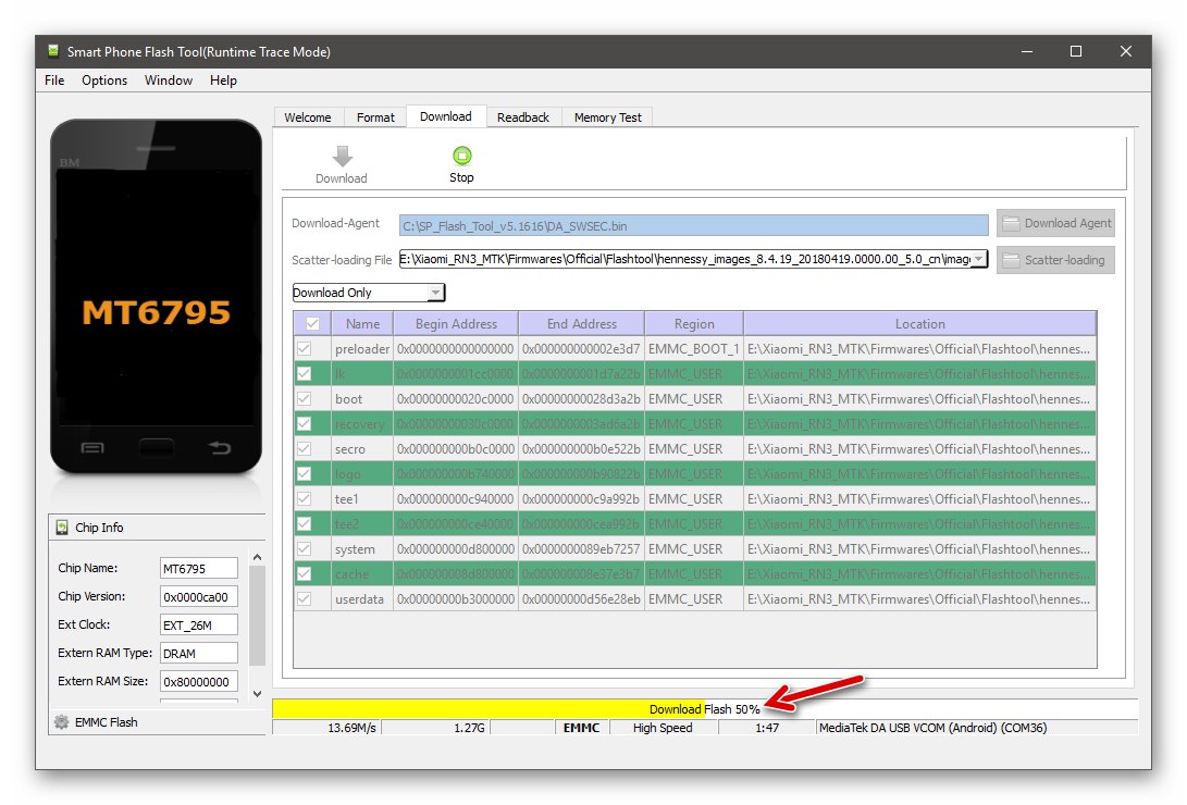 Xiaomi Redmi Note 3 MTK SP Flash Tool процесът на възстановяване на официалния софтуер на устройството чрез приложението (разделяне)