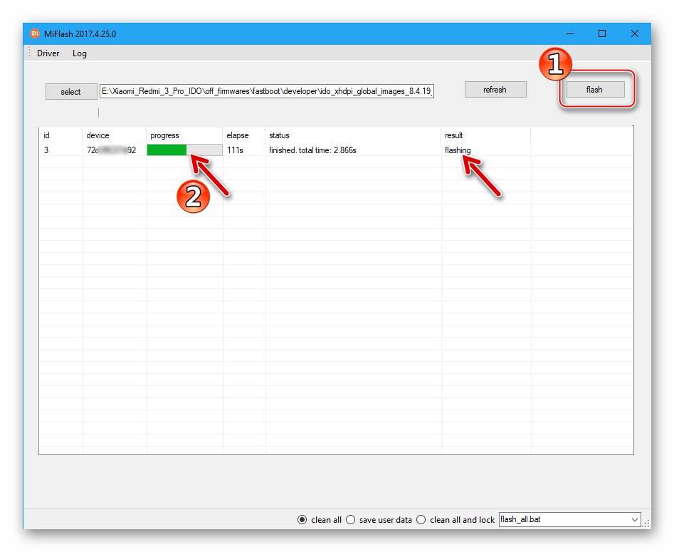 Xiaomi Redmi 3 (PRO) MiFlash процес установки прошивки в режимі Fastboot