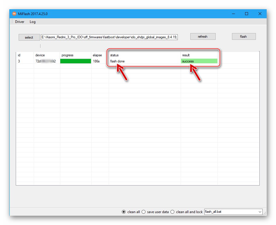Xiaomi Redmi 3 (PRO) MiFlash завершення прошивки в режимі Fastboot