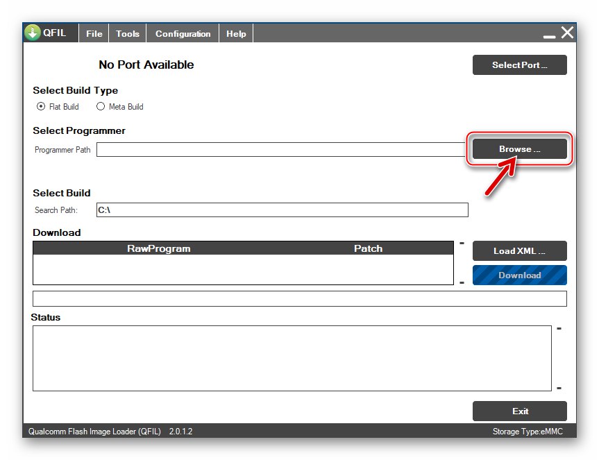Xiaomi Redmi 3 (PRO) QFIL кнопка Browse ... в програмі для завантаження файлу Programmer