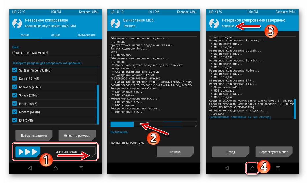 Xiaomi Redmi 3 (PRO) TWRP процес і завершення створення бекапа всіх розділів пам'яті перед прошивкою