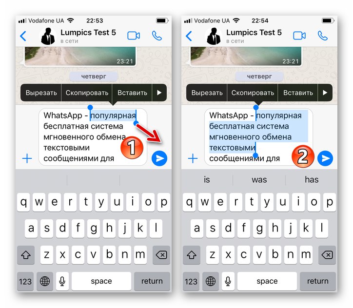 اختيار WhatsApp for iPhone لجزء من عدة كلمات عند تحضير رسالة لإرسالها عبر برنامج messenger